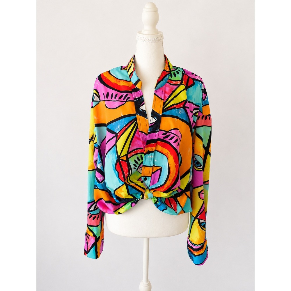 Abstract Art Pop Colorful Y2K Boho Geometric Tie Front Button Up Blouse XL